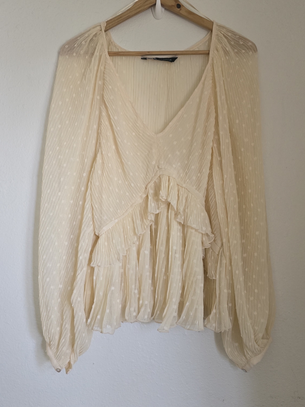 Zara Light Cream Swiss Dot Pleated Ruffle Blouse